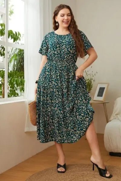 Honey Plus Size Floral Round Neck Short Sleeve Midi Dress - Deep Teal by Trendsi from FREYA’S CLOSET