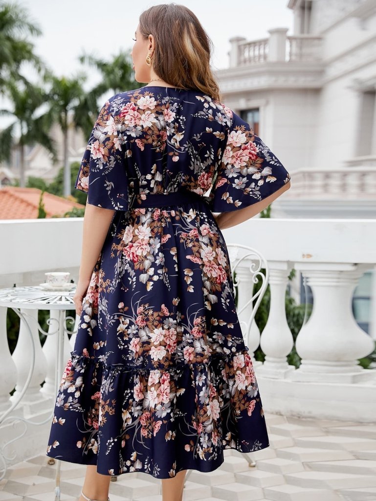 Honey Plus Size Floral Surplice Neck Midi Dress - Floral by Trendsi from FREYA’S CLOSET