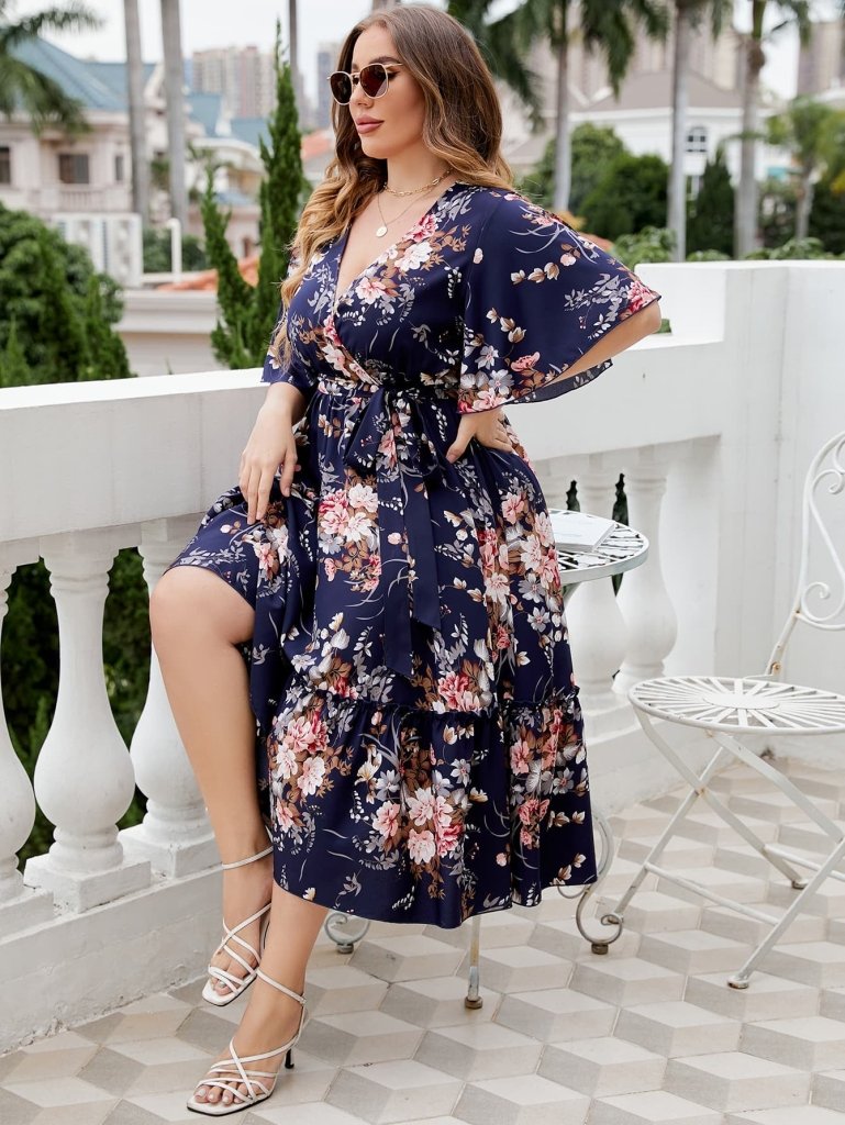 Honey Plus Size Floral Surplice Neck Midi Dress - Floral by Trendsi from FREYA’S CLOSET