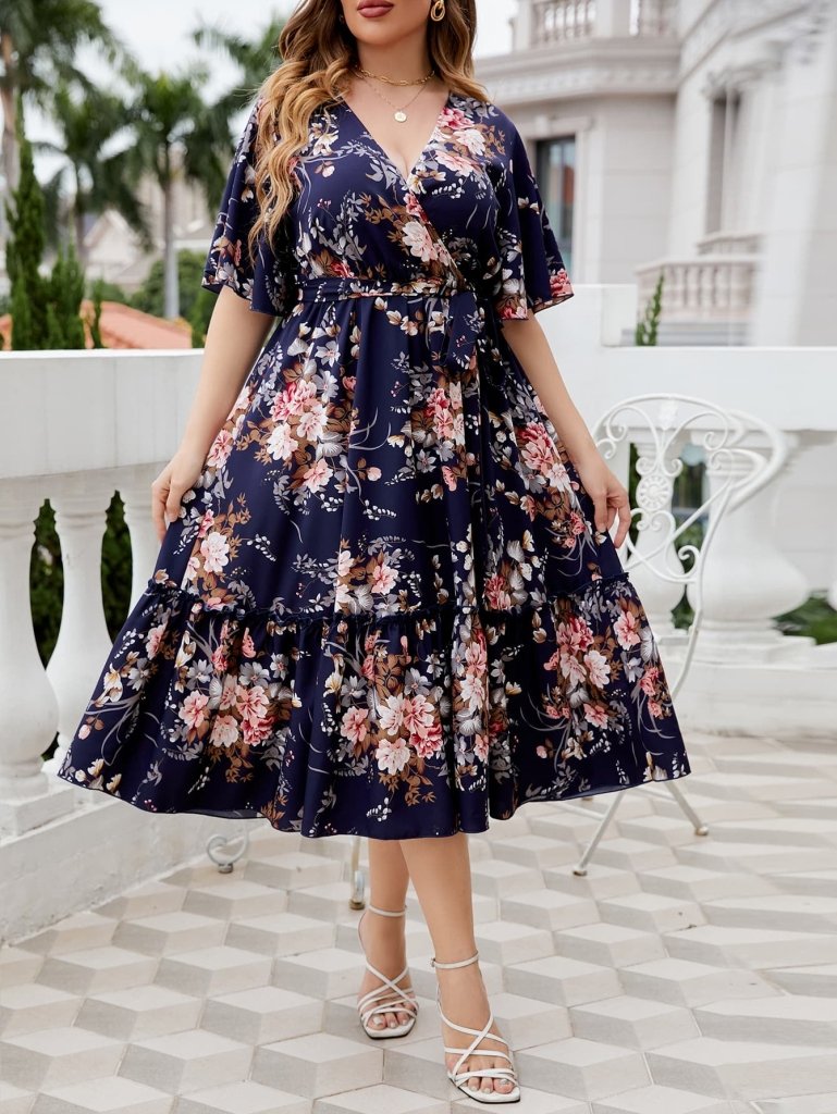 Honey Plus Size Floral Surplice Neck Midi Dress - Floral by Trendsi from FREYA’S CLOSET