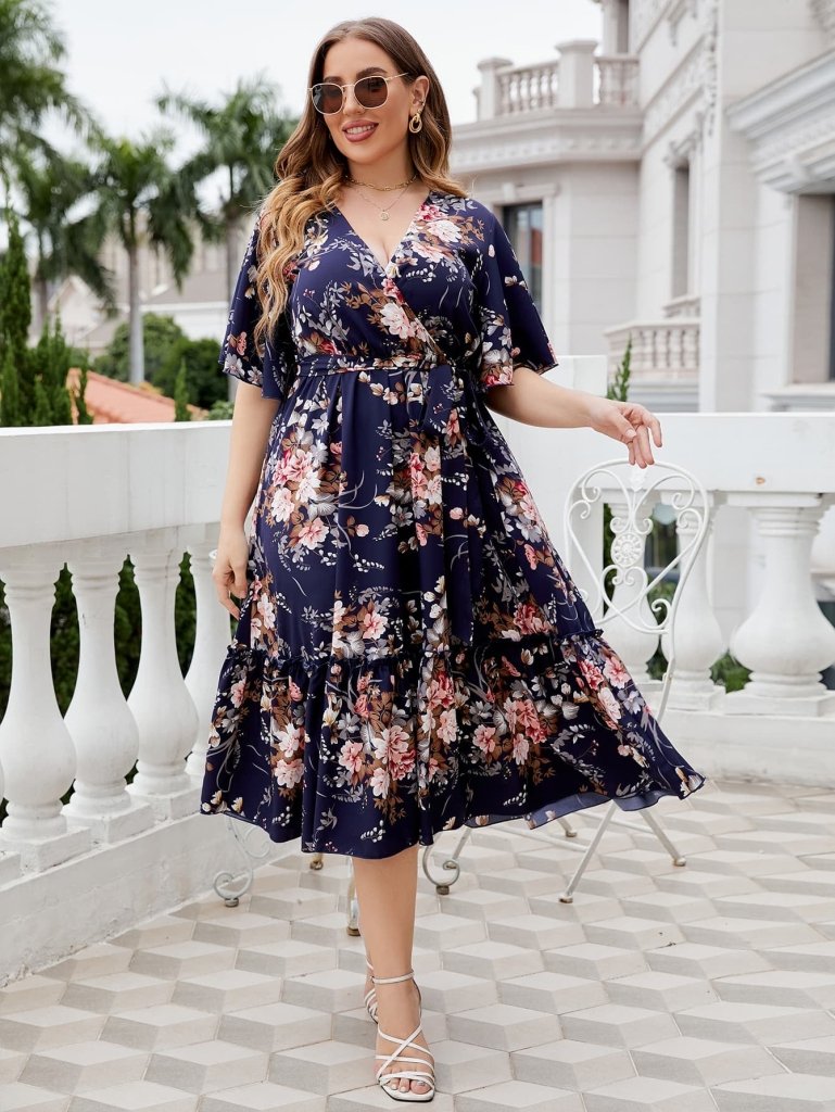 Honey Plus Size Floral Surplice Neck Midi Dress - Floral by Trendsi from FREYA’S CLOSET