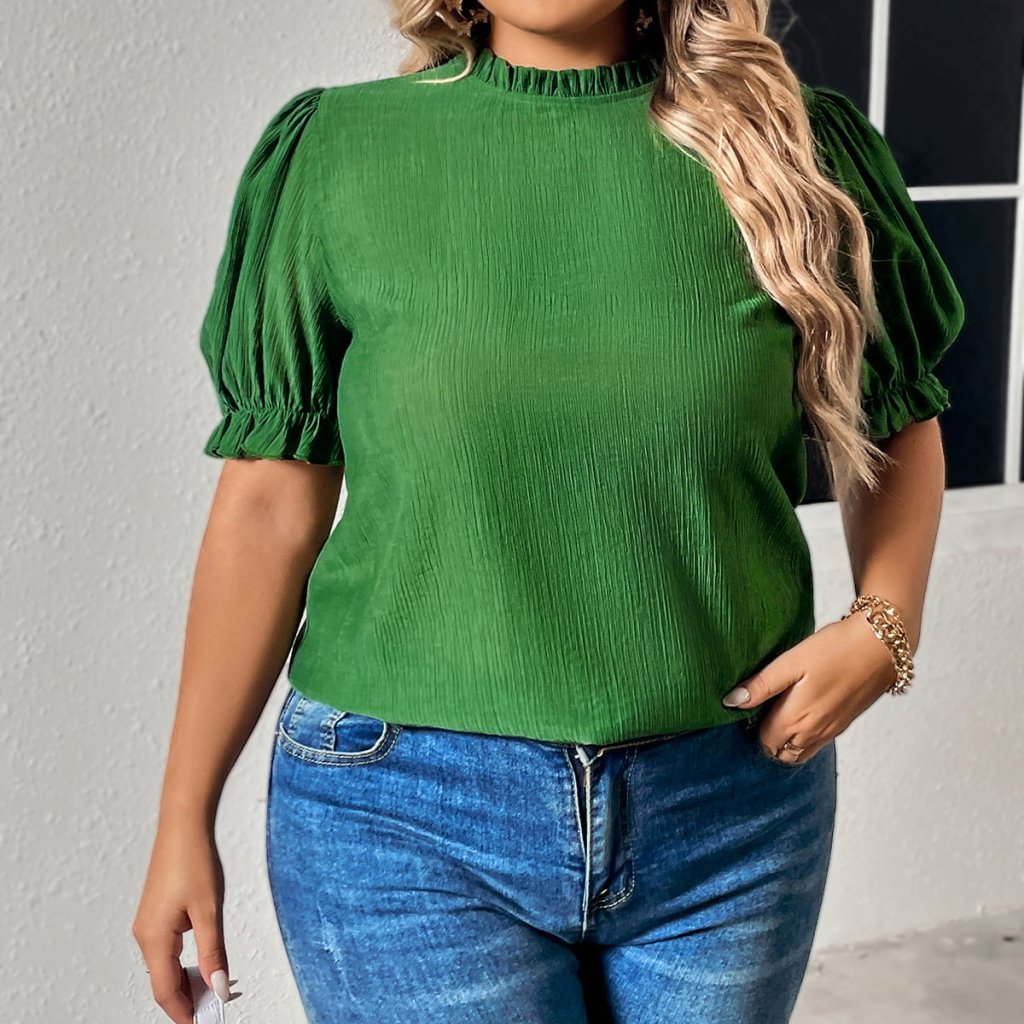 Honey Plus Size Round Neck Flounce Sleeve Blouse - Mid Green by Trendsi from FREYA’S CLOSET