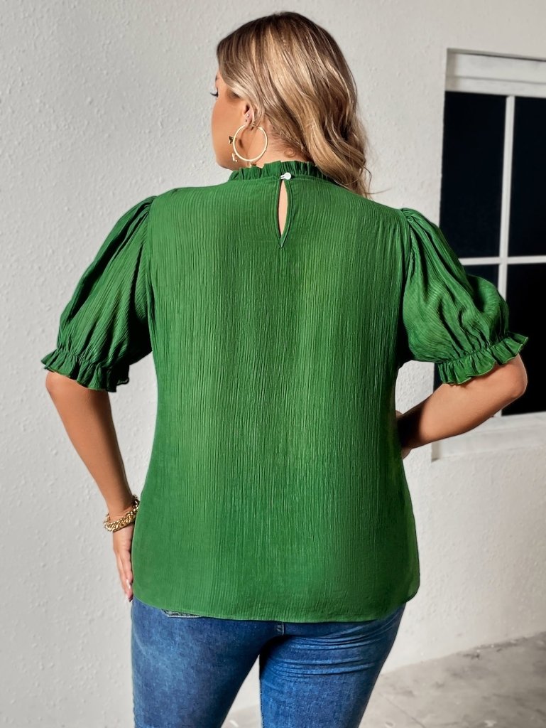 Honey Plus Size Round Neck Flounce Sleeve Blouse - Mid Green by Trendsi from FREYA’S CLOSET