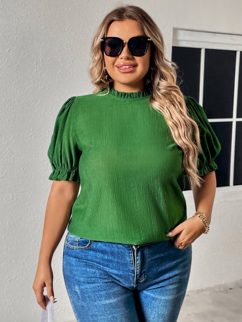 Honey Plus Size Round Neck Flounce Sleeve Blouse - Mid Green by Trendsi from FREYA’S CLOSET