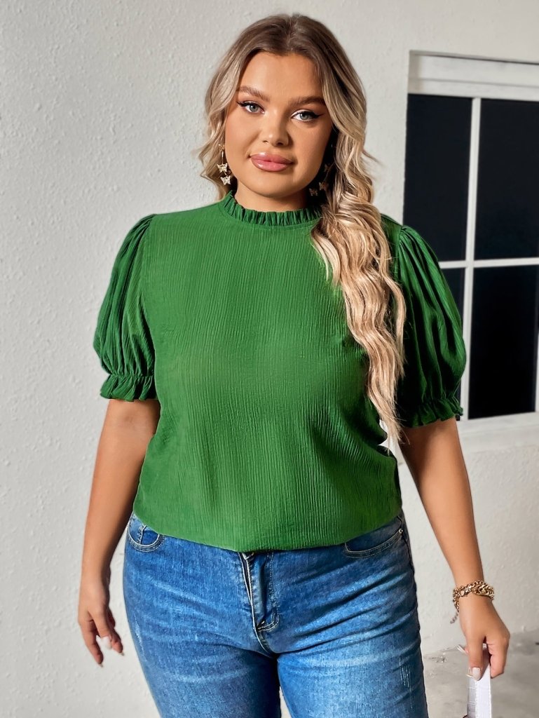 Honey Plus Size Round Neck Flounce Sleeve Blouse - Mid Green by Trendsi from FREYA’S CLOSET
