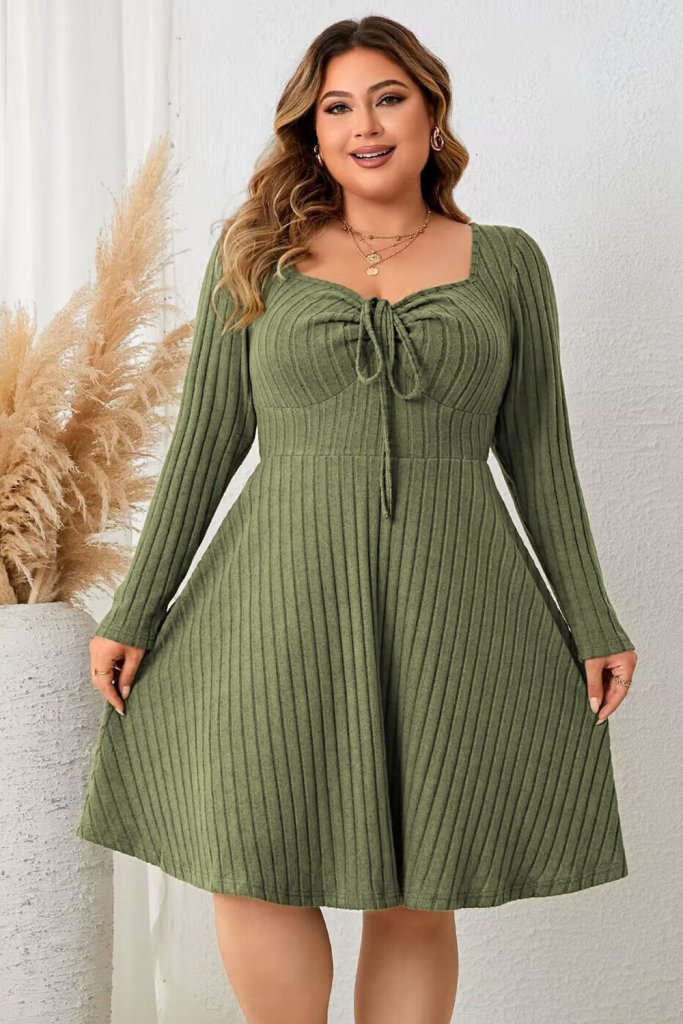Honey Plus Size Sweetheart Neck Long Sleeve Ribbed Dress - Matcha Green by Trendsi from FREYA’S CLOSET