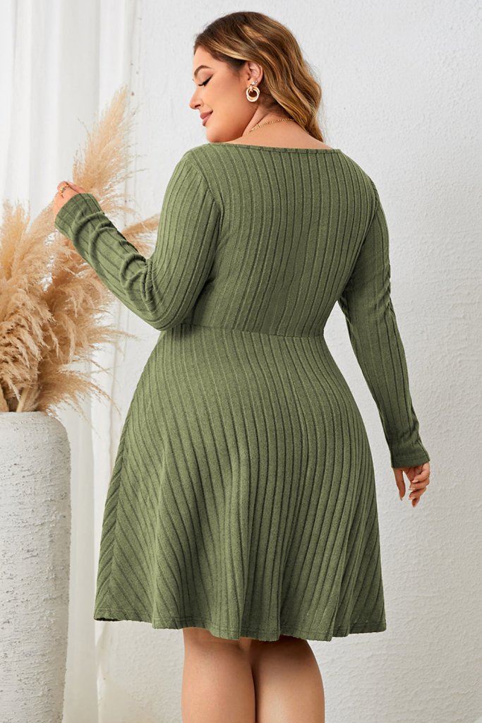 Honey Plus Size Sweetheart Neck Long Sleeve Ribbed Dress - Matcha Green by Trendsi from FREYA’S CLOSET
