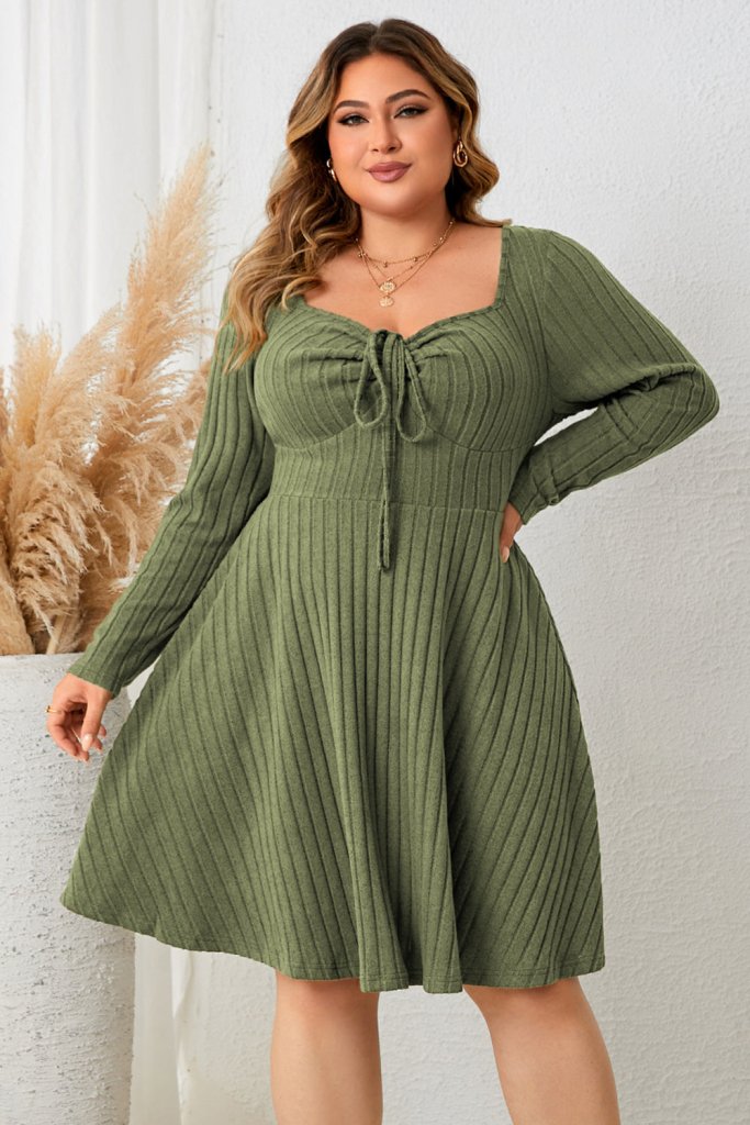 Honey Plus Size Sweetheart Neck Long Sleeve Ribbed Dress - Matcha Green by Trendsi from FREYA’S CLOSET