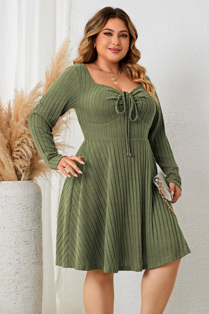 Honey Plus Size Sweetheart Neck Long Sleeve Ribbed Dress - Matcha Green by Trendsi from FREYA’S CLOSET