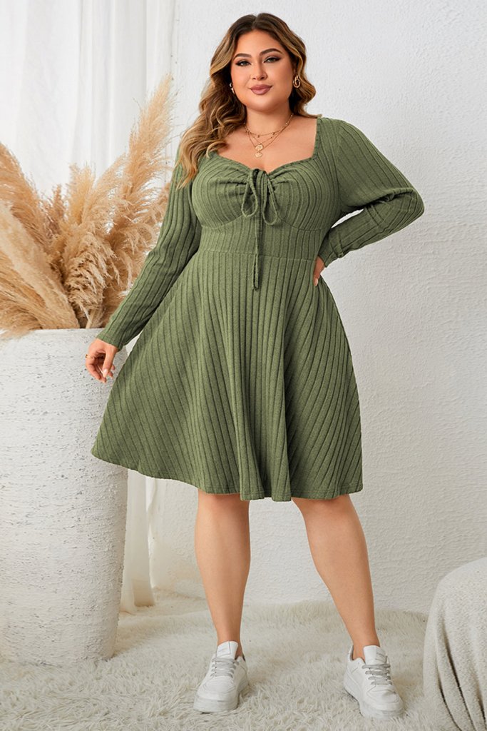 Honey Plus Size Sweetheart Neck Long Sleeve Ribbed Dress - Matcha Green by Trendsi from FREYA’S CLOSET