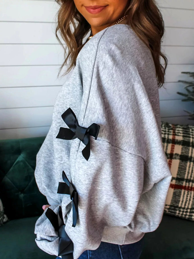 Howdy Christmas 4 Trees Ribbon Bow Decor Sweatshirt - Light Gray by Trendsi from FREYA’S CLOSET