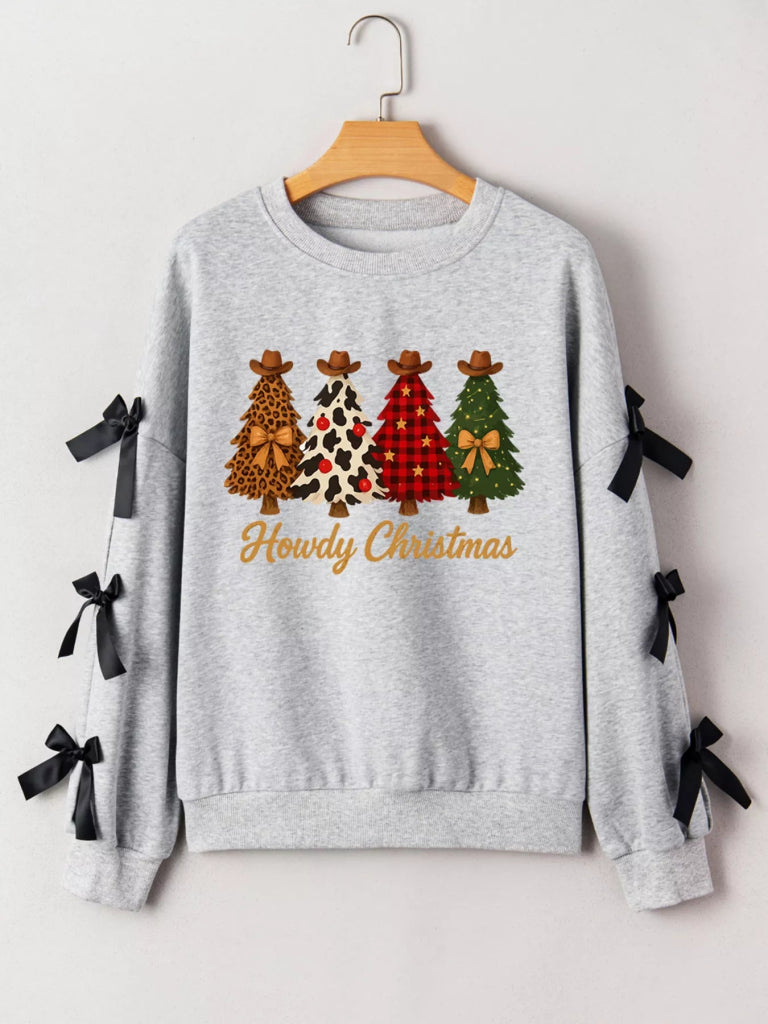 Howdy Christmas 4 Trees Ribbon Bow Decor Sweatshirt - Light Gray by Trendsi from FREYA’S CLOSET