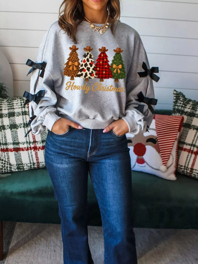 Howdy Christmas 4 Trees Ribbon Bow Decor Sweatshirt - Light Gray by Trendsi from FREYA’S CLOSET