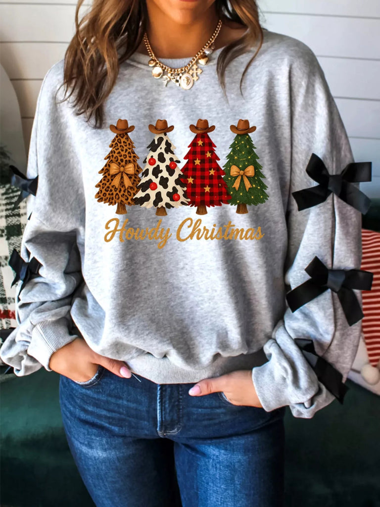 Howdy Christmas 4 Trees Ribbon Bow Decor Sweatshirt - Light Gray by Trendsi from FREYA’S CLOSET
