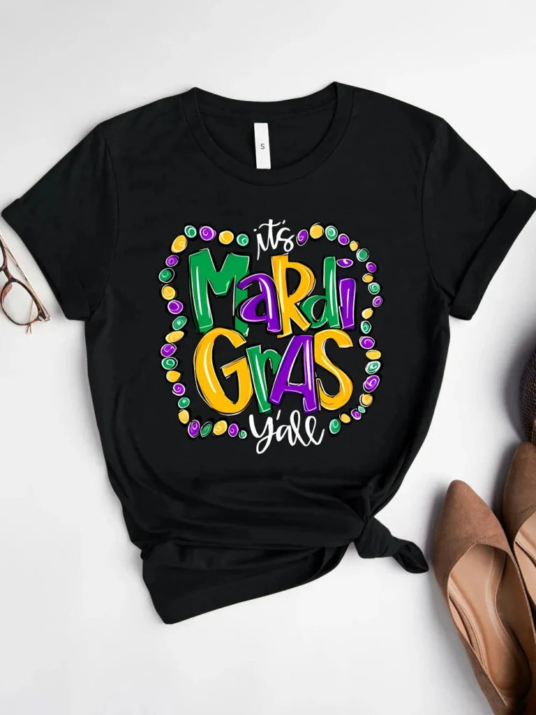 IT'S MARDI GRAS Y'ALL Round Neck T-Shirt - Black by Trendsi from FREYA’S CLOSET