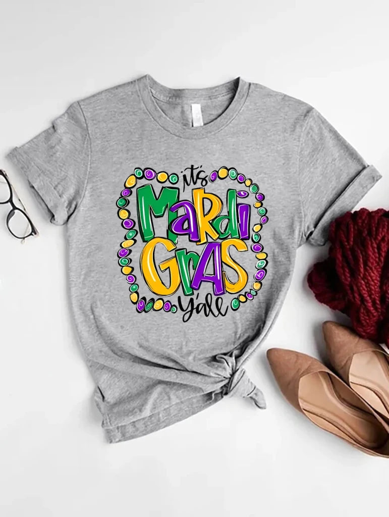IT'S MARDI GRAS Y'ALL Round Neck T-Shirt - Dark Gray by Trendsi from FREYA’S CLOSET