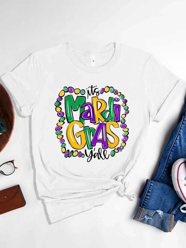 IT'S MARDI GRAS Y'ALL Round Neck T-Shirt - White by Trendsi from FREYA’S CLOSET