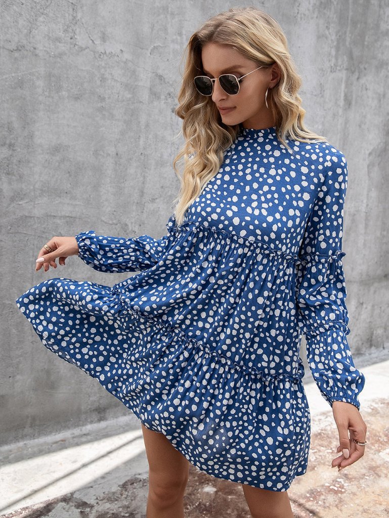 Ivy Lane Printed Long Sleeve Tiered Dress - Cerulean by Trendsi from FREYA’S CLOSET
