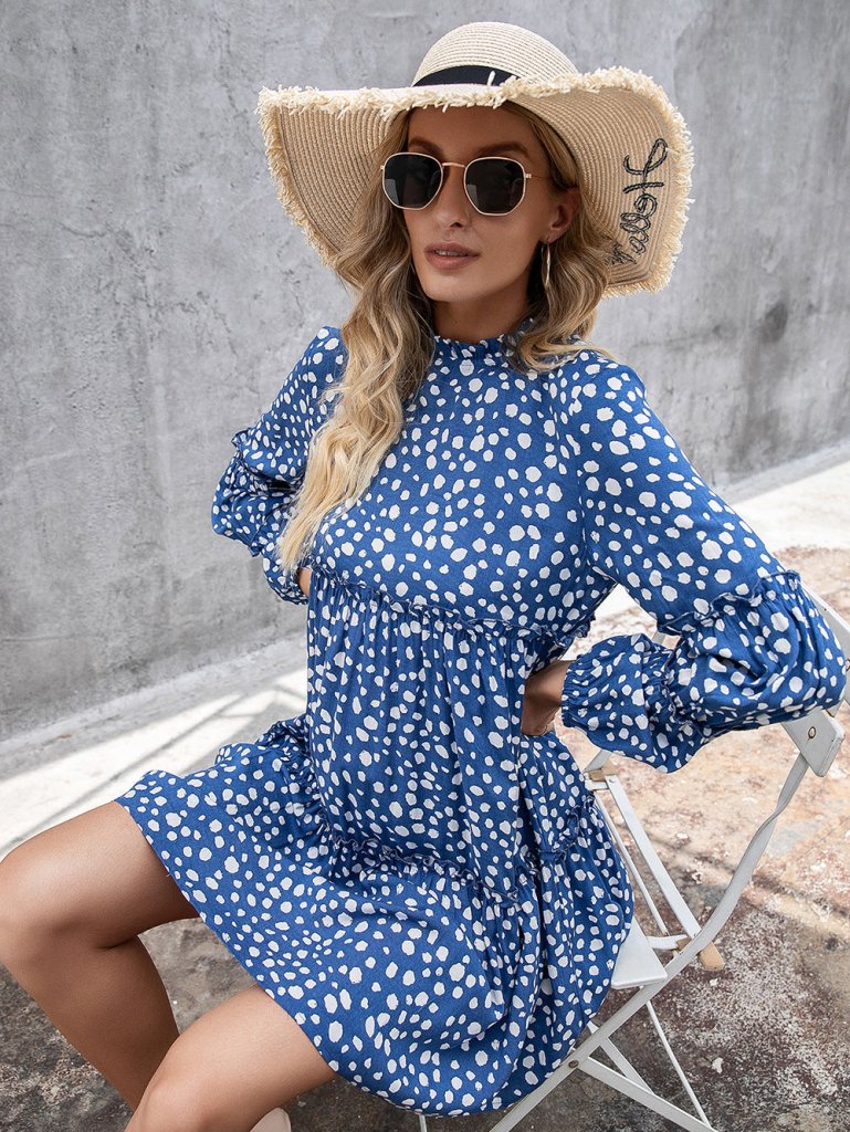 Ivy Lane Printed Long Sleeve Tiered Dress - Cerulean by Trendsi from FREYA’S CLOSET