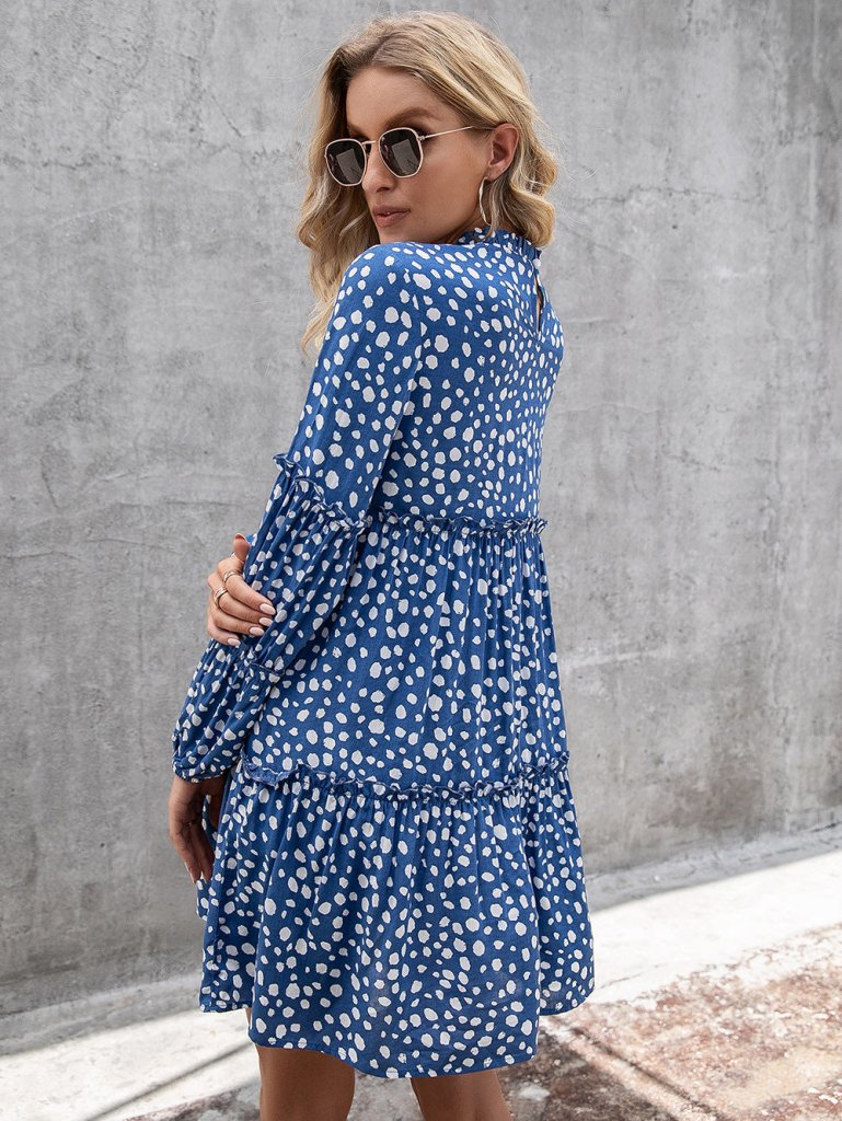 Ivy Lane Printed Long Sleeve Tiered Dress - Cerulean by Trendsi from FREYA’S CLOSET