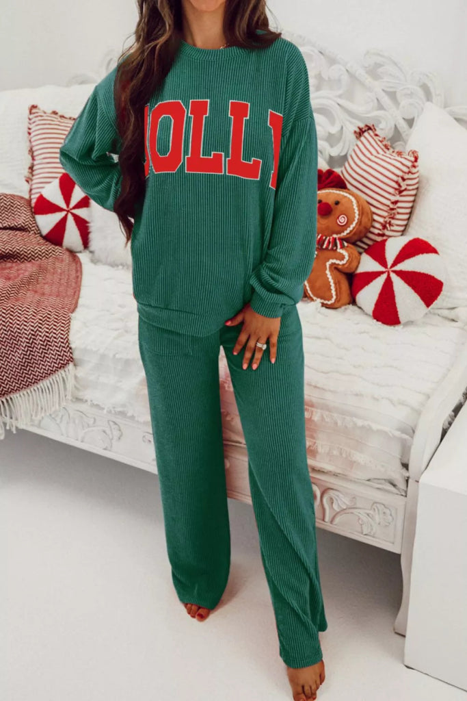 Jolly Christmas Top and Drawstring Pants Set - Dark Green by Trendsi from FREYA’S CLOSET