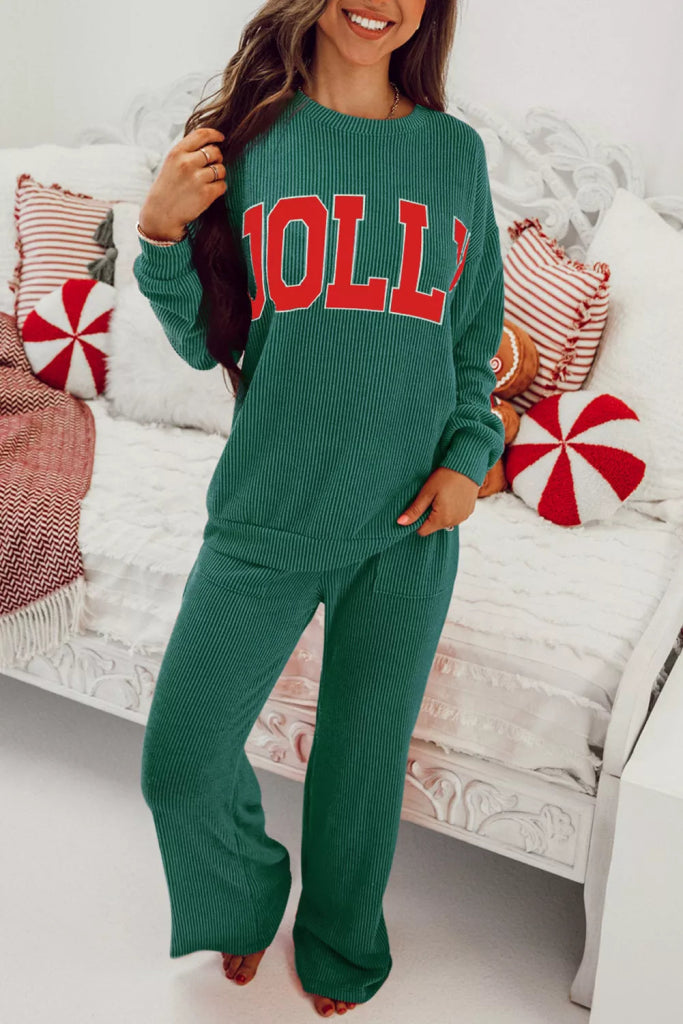 Jolly Christmas Top and Drawstring Pants Set - Dark Green by Trendsi from FREYA’S CLOSET