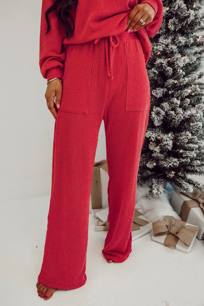 JOLLY Round Neck Long Sleeve Top and Pants Lounge Set - Deep Red by Trendsi from FREYA’S CLOSET