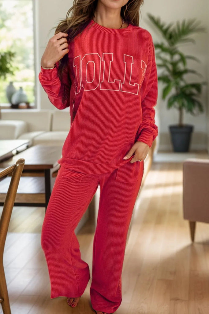 JOLLY Round Neck Long Sleeve Top and Pants Lounge Set - Deep Red by Trendsi from FREYA’S CLOSET