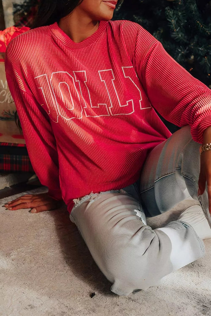 JOLLY Textured Christmas Sweatshirt - Red by Trendsi from FREYA’S CLOSET