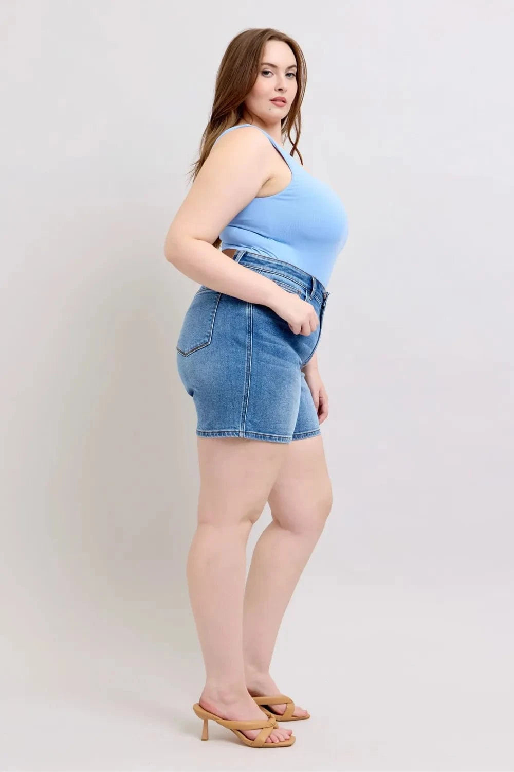 Trendsi Judy Blue Full Size 2 Button Denim Shorts with Pockets Plus Size