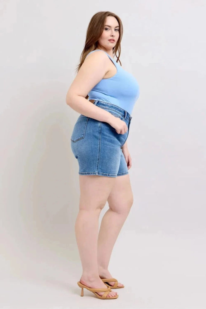 Judy Blue Full Size 2 Button Denim Shorts with Pockets Plus Size - Medium by Trendsi from FREYA’S CLOSET