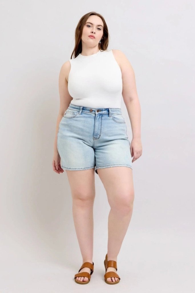 Judy Blue Full Size 2 Button Denim Shorts with Pockets Plus Size - Light by Trendsi from FREYA’S CLOSET