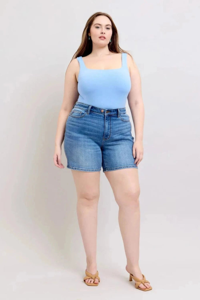 Judy Blue Full Size 2 Button Denim Shorts with Pockets Plus Size - Medium by Trendsi from FREYA’S CLOSET