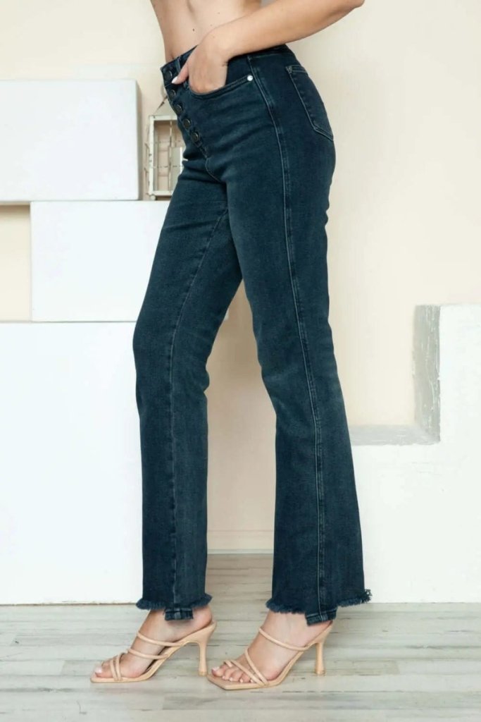 Judy Blue Full Size Button Fly Hem Destroy Straight Jeans - Dark by Trendsi from FREYA’S CLOSET