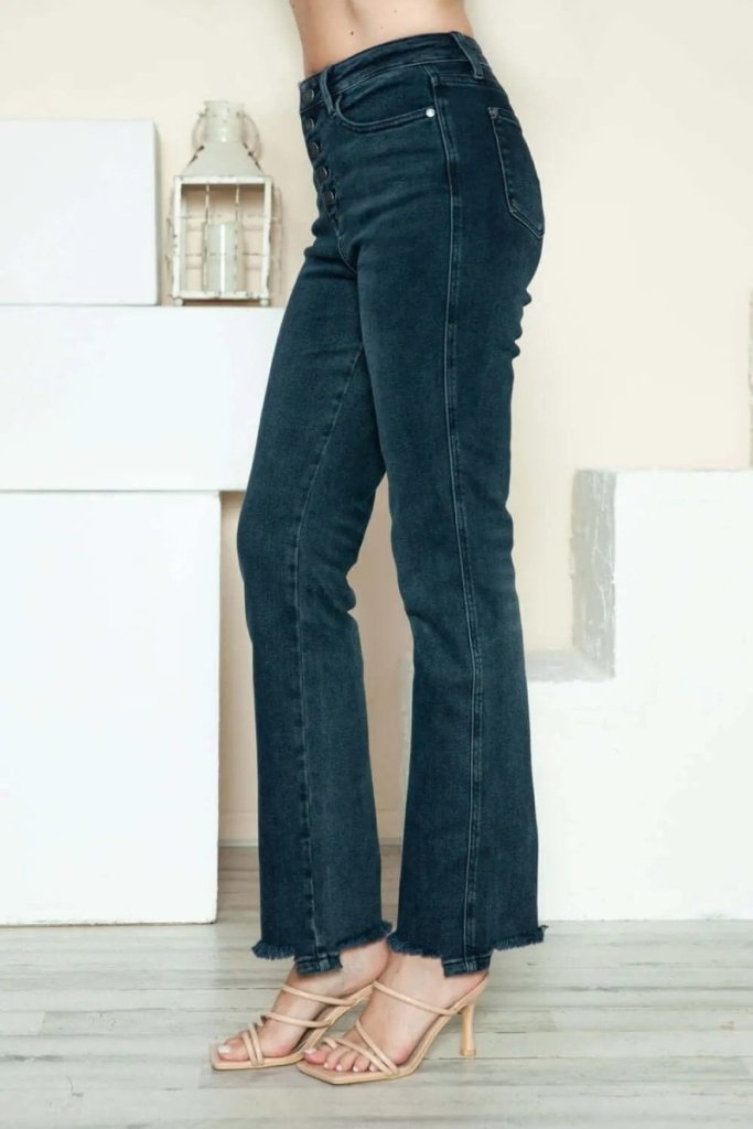 Judy Blue Full Size Button Fly Hem Destroy Straight Jeans - Dark by Trendsi from FREYA’S CLOSET