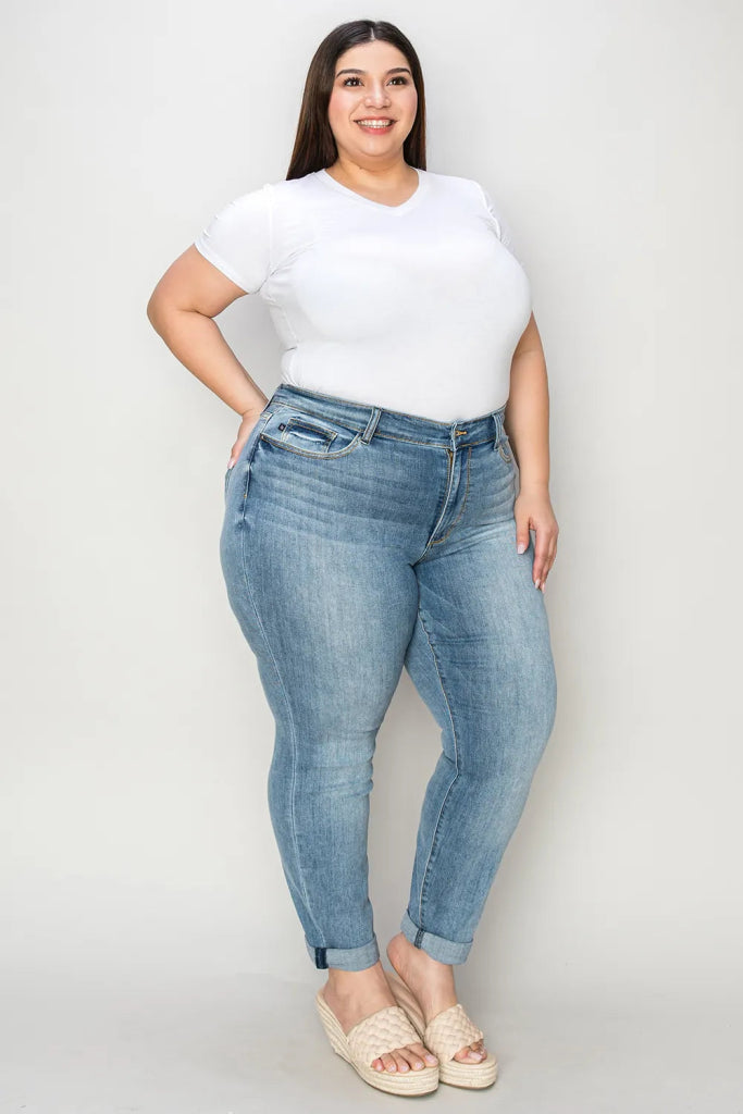 Judy Blue Full Size Cuffed Hem Slim Jeans - Medium by Trendsi from FREYA’S CLOSET