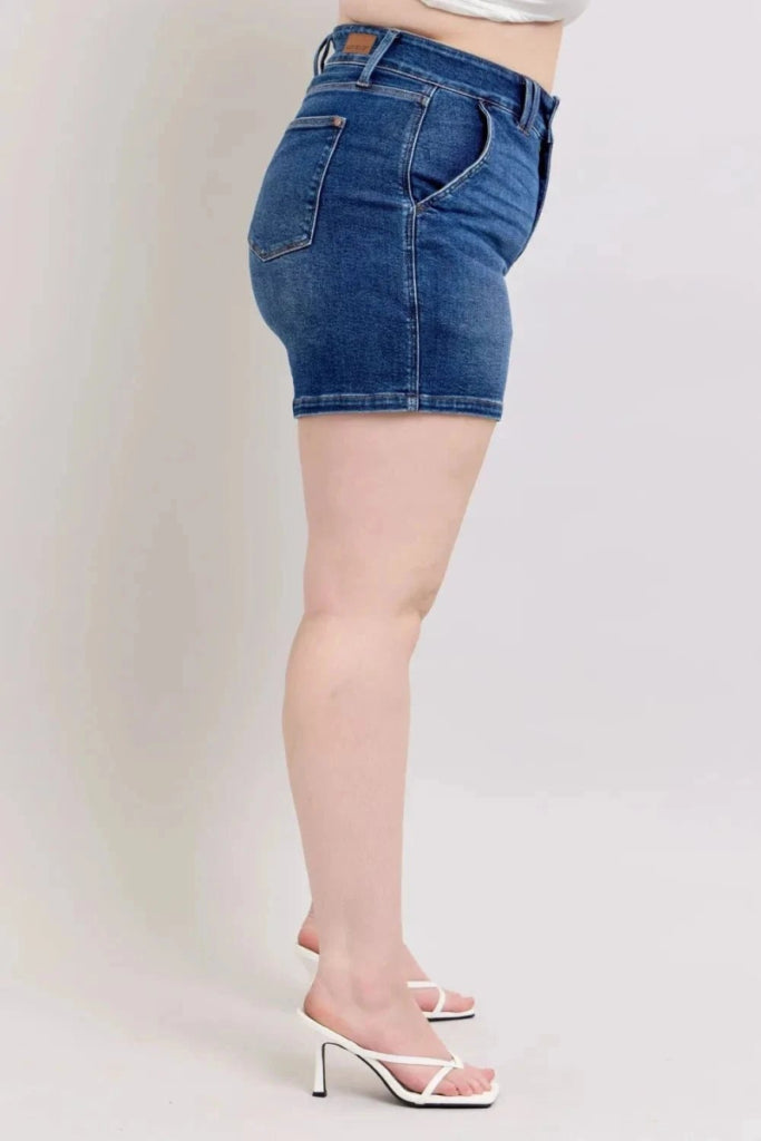 Judy Blue Full Size Double Button Waistband Denim Shorts Plus Size - Dark by Trendsi from FREYA’S CLOSET