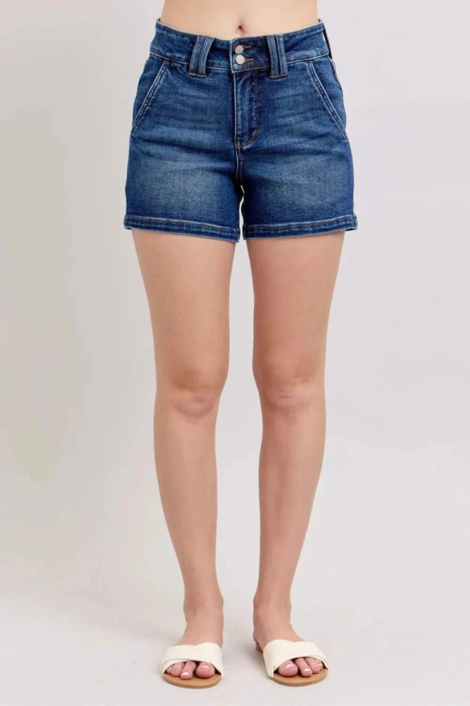 Judy Blue Full Size Double Button Waistband Denim Shorts Plus Size - Dark by Trendsi from FREYA’S CLOSET