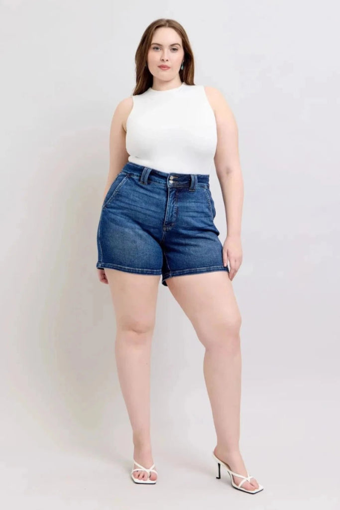 Judy Blue Full Size Double Button Waistband Denim Shorts Plus Size - Dark by Trendsi from FREYA’S CLOSET