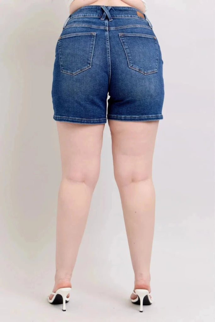 Judy Blue Full Size Double Button Waistband Denim Shorts Plus Size - Dark by Trendsi from FREYA’S CLOSET