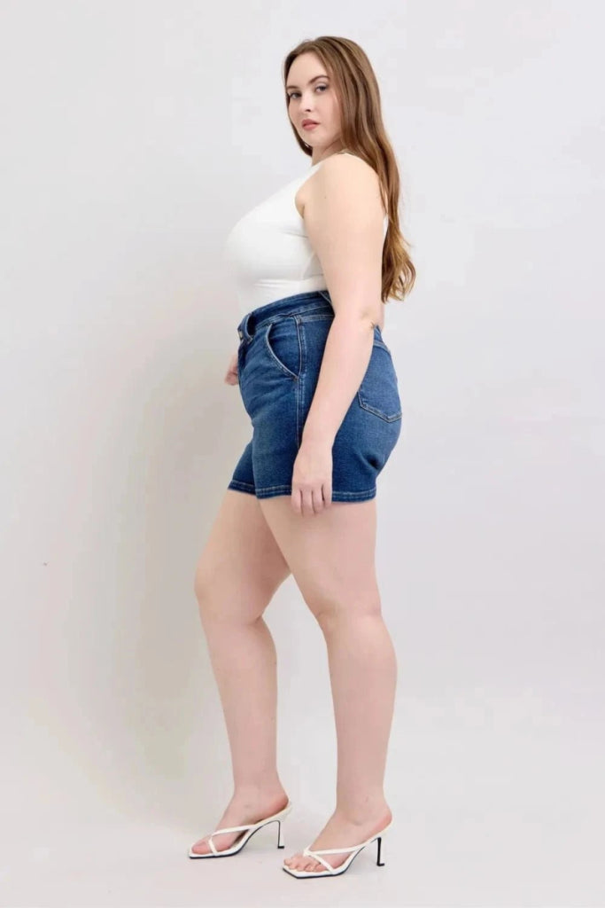 Judy Blue Full Size Double Button Waistband Denim Shorts Plus Size - Dark by Trendsi from FREYA’S CLOSET