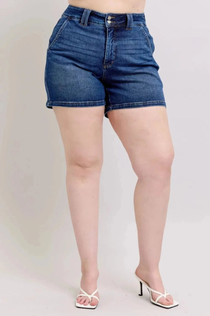 Judy Blue Full Size Double Button Waistband Denim Shorts Plus Size - Dark by Trendsi from FREYA’S CLOSET