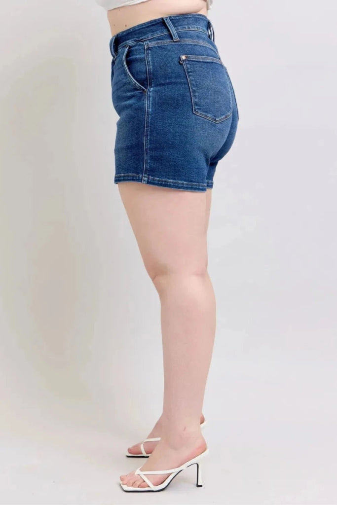 Judy Blue Full Size Double Button Waistband Denim Shorts Plus Size - Dark by Trendsi from FREYA’S CLOSET