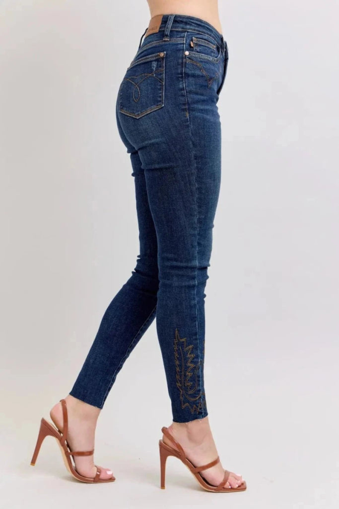 Judy Blue Full Size Embroidered High Rise Skinny Jeans Plus Size - Dark by Trendsi from FREYA’S CLOSET