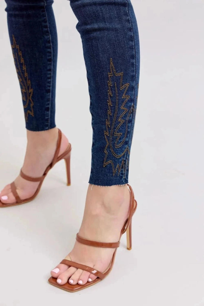 Judy Blue Full Size Embroidered High Rise Skinny Jeans Plus Size - Dark by Trendsi from FREYA’S CLOSET