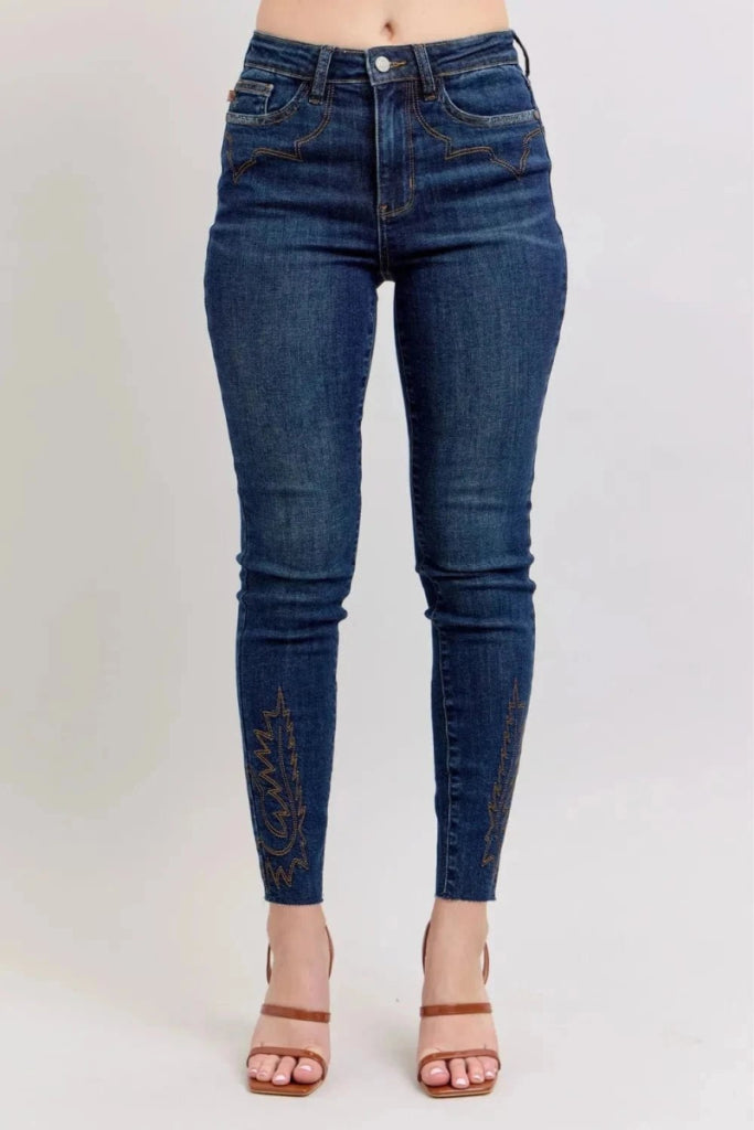 Judy Blue Full Size Embroidered High Rise Skinny Jeans Plus Size - Dark by Trendsi from FREYA’S CLOSET