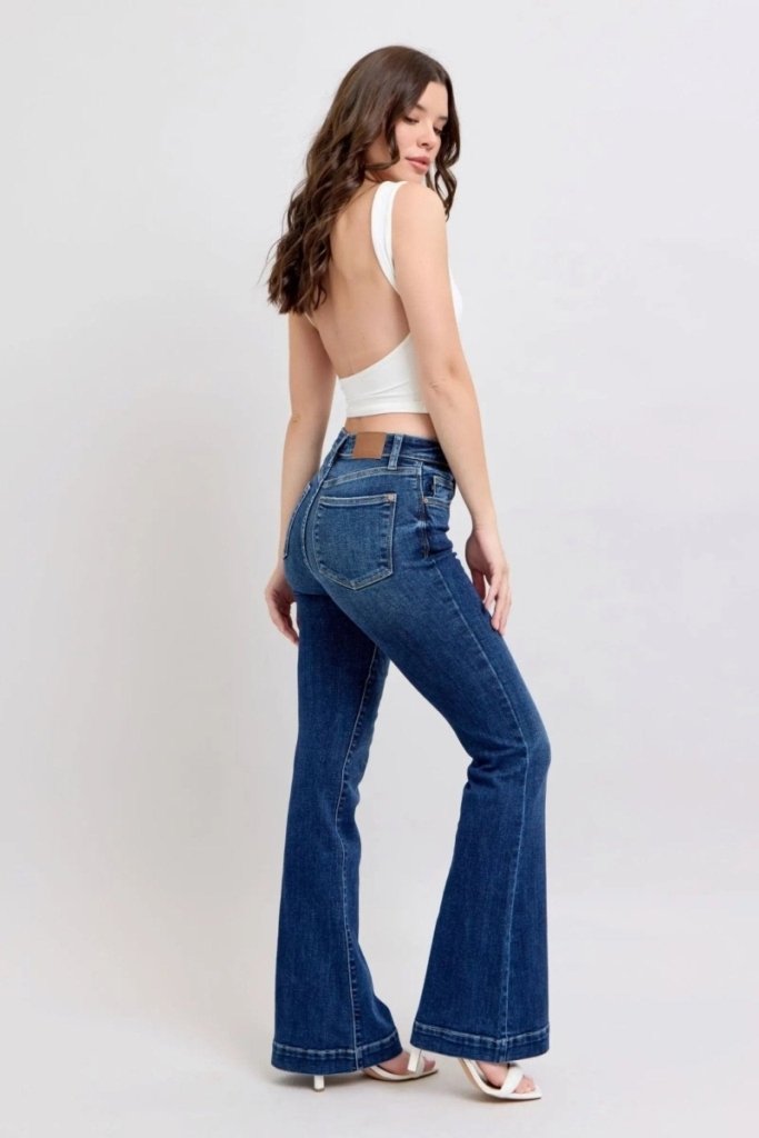 Judy Blue Full Size High Rise Flare Jeans with Pockets Plus Size - Dark by Trendsi from FREYA’S CLOSET