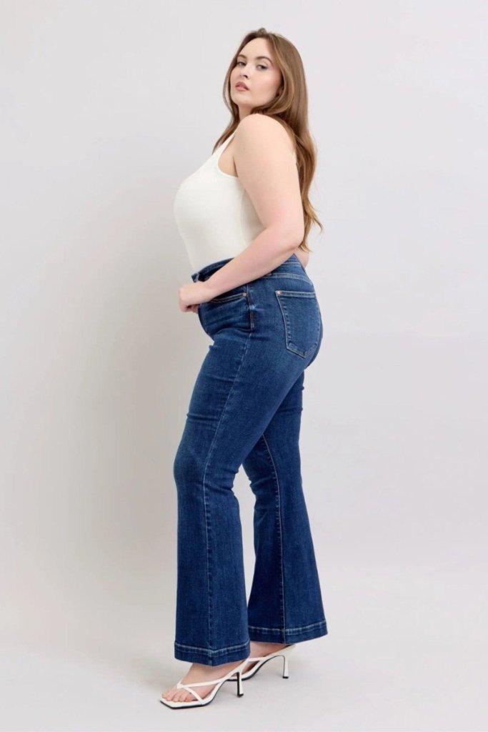 Judy Blue Full Size High Rise Flare Jeans with Pockets Plus Size - Dark by Trendsi from FREYA’S CLOSET