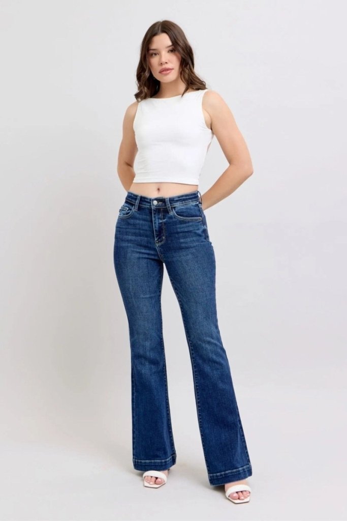 Judy Blue Full Size High Rise Flare Jeans with Pockets Plus Size - Dark by Trendsi from FREYA’S CLOSET