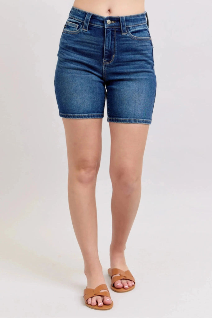 Judy Blue Full Size High Waist Bermudas Jeans W/ Back Flap Pockets Plus Size - DK by Trendsi from FREYA’S CLOSET